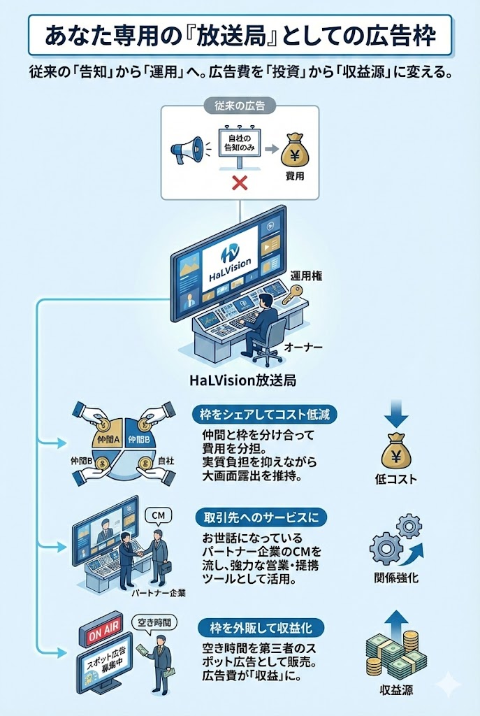 あなた専用の放送局 - オーナーを中心に自社・提携先・スポット広告がシームレスに切り替わるイメージ図